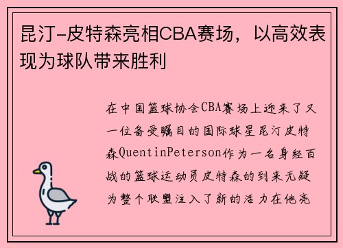 昆汀-皮特森亮相CBA赛场，以高效表现为球队带来胜利